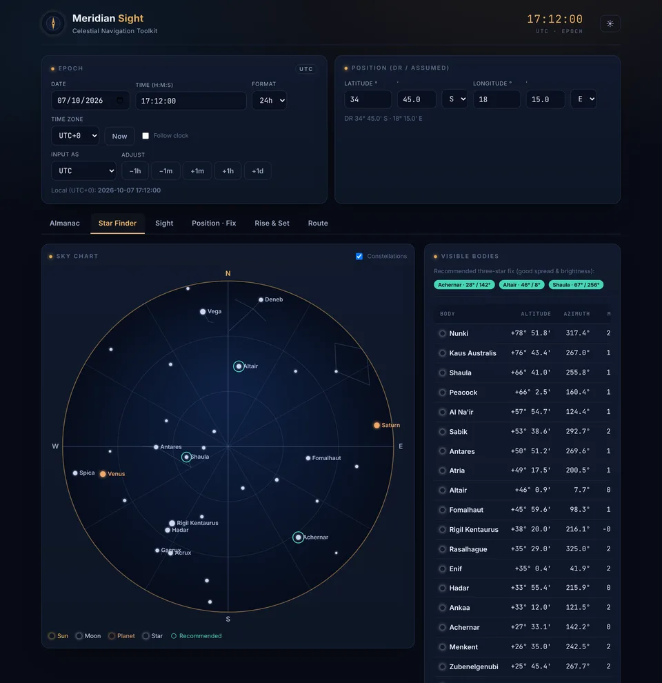 The app at 17:12 UTC on 7 October 2026 at 34° 45′ S, 18° 15′ E: the star finder shows the southern sky with constellation lines, three recommended stars (Achernar, Altair and Shaula) and a list of visible bodies with altitude and azimuth.